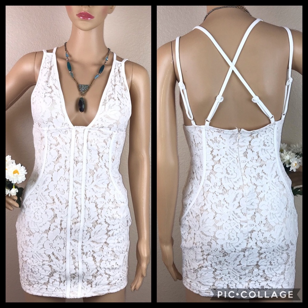 Tobi White Lace Bodycon Plunge Dress Festival - Picture 5 of 8